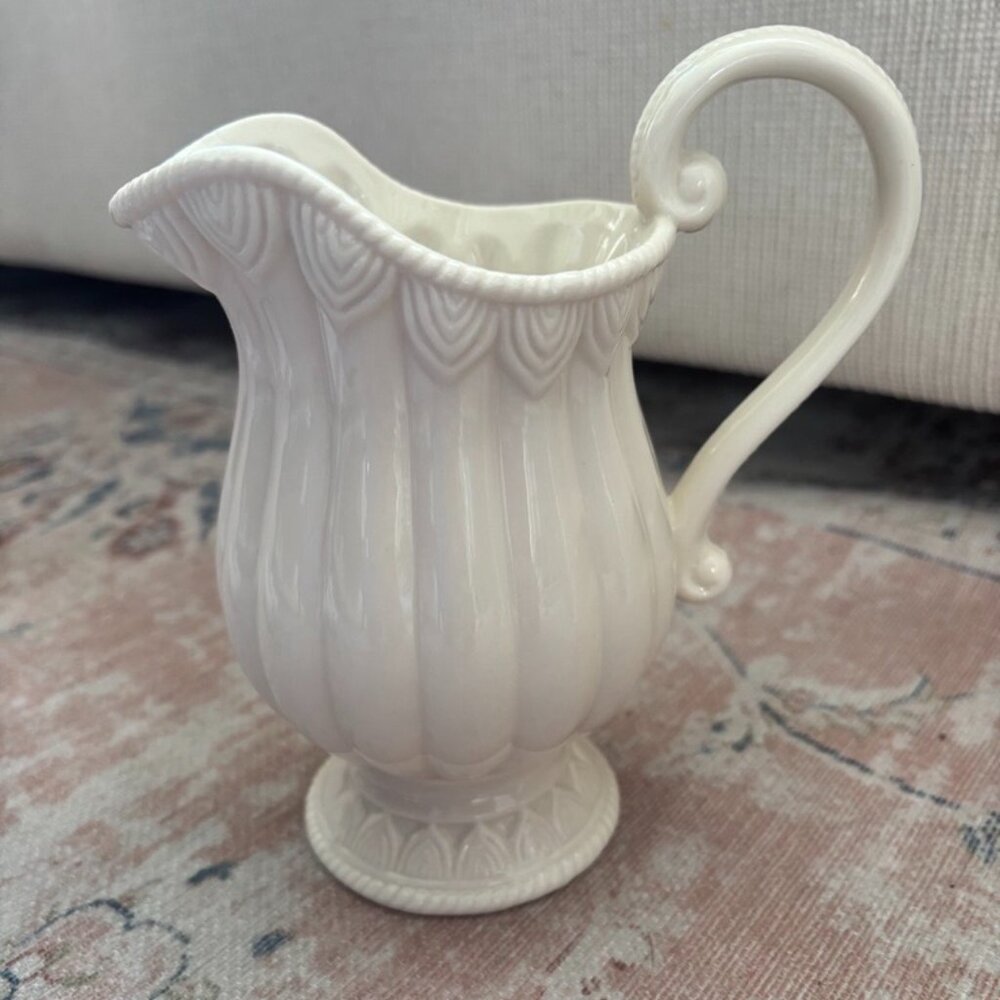 I. Godinger Vintage Cream Ceramic pitcher Ornate Scroll Handle-Scalloped Rim